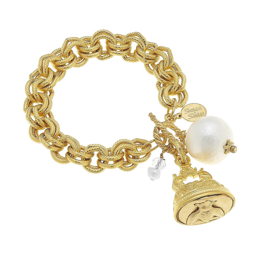 Gold Vintage Bee Charm with Cotton Pearl Bracelet