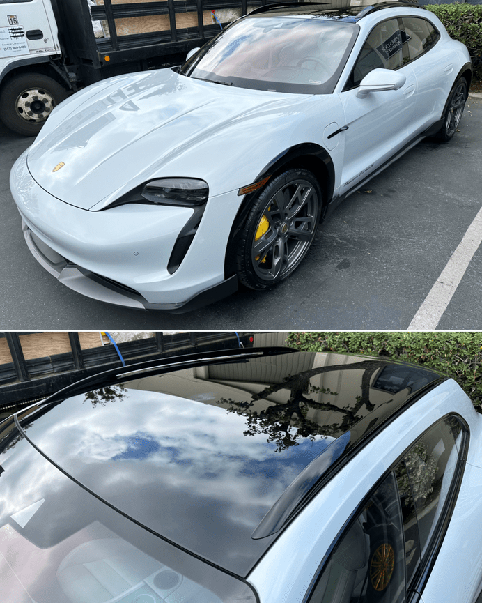 White Porsche Taycan GTS exterior and panoramic glass roof after replacement, front and top view
